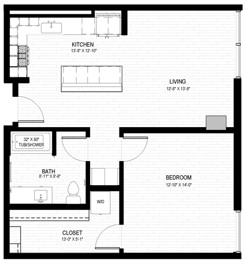 Floor plan for 1 bed, 1 bath, 765 sqft